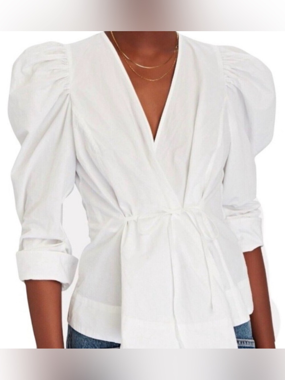 Jason Wu White Wrap Tie Blouse with Puff Sleeves